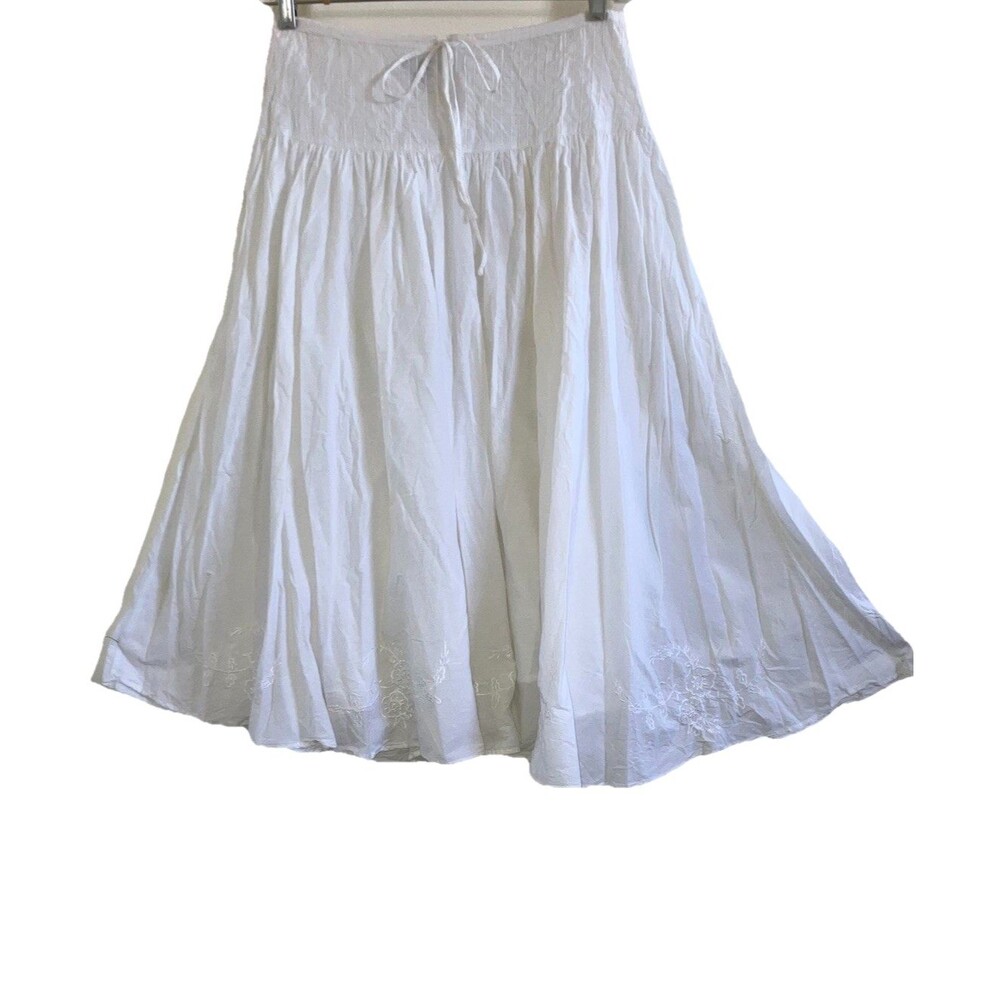 ANA 10 Solid White 100% Cotton Wide Drawstring Skirt Flowy Lined Bohemian Boho